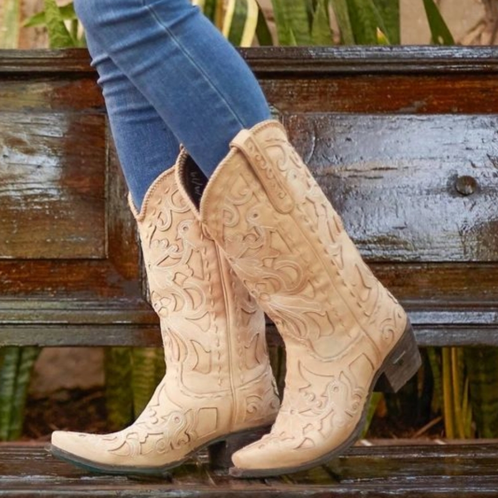 LANE Robin Inlay Cowboy Boots In Bone Sz 7